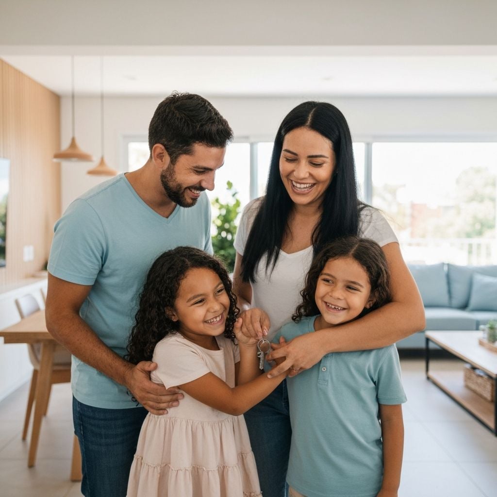 Família brasileira feliz recebendo as chaves da casa própria após financiamento imobiliário aprovado